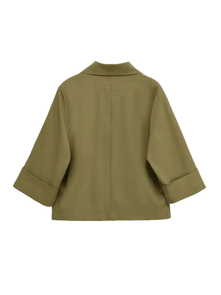 Women's Double-Breasted Loose Linen Blazer Coat Short Sleeve Pockets Chic Female Outerwear Top
