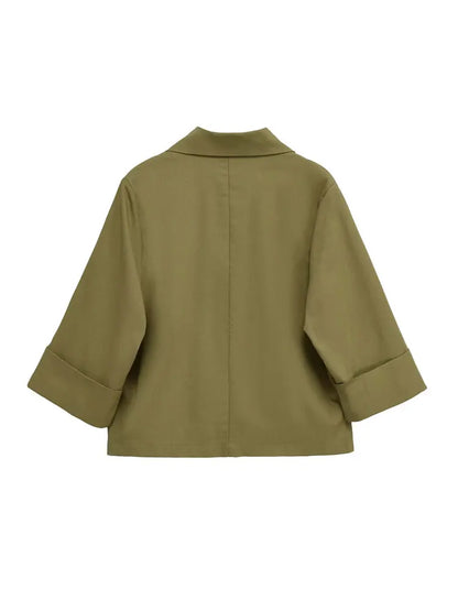 Women's Double-Breasted Loose Linen Blazer Coat Short Sleeve Pockets Chic Female Outerwear Top