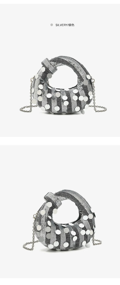Half Moon Evening Clutch Party Bags For Women Luxury Designer Denim Tassel Rhinestone Handbag Shiny Sequins Chain Shoulder Purse