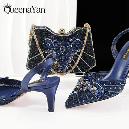 Women High Heel Party For Purple Color Shoes and Bag Set Rhinestone Handbag Italian Design Wedding INS 2025