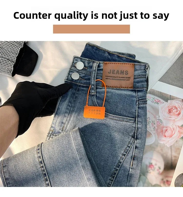 Women Autumn Y2K Slim Flared Denim Trouser Raw Edge Vintage Sexy Minimalist Pant Grunge High Waist Solid High Street Retro Jeans