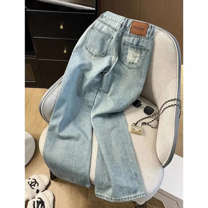 Casual Jeans Womens Straight Leg Denim Trousers Loose Fit High Waist Light Blue Wide Leg Vintage Ripped Design Autumn New