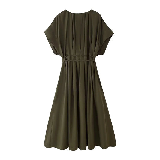 2026 Spring Summer Vintage Women Dress Fashion Single Breasted Sashes Draped V Neck Sleeveless Chic Brown Ladies Dresses