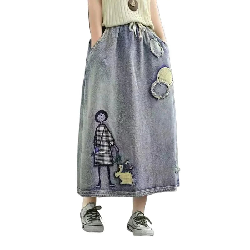 Summer New High Waist A-line Cowboy Skirt for Women Embroidery Slimming Versatile Fashion European American Style Half Skirts