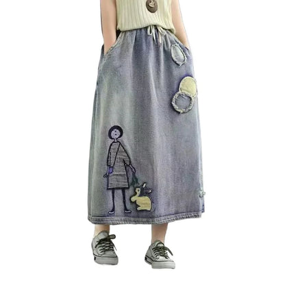 Summer New High Waist A-line Cowboy Skirt for Women Embroidery Slimming Versatile Fashion European American Style Half Skirts