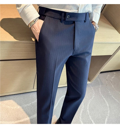 Autumn Winter Thick Suit Pants Men Elastic Waist Business Classic Straight Striped Formal Pants High Quality Slim Fit Trousers