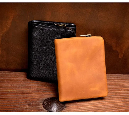 Original vegetable tanned cowhide short wallet, retro top layer cowhide wallet, handmade genuine leather multifunctional wallet