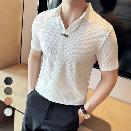 High-Grade Ice Silk Seamless Adhesive Polo Shirt, High-Elastic V-neck Thin Waffle Short-Sleeved Golf Shirt, T-shirt