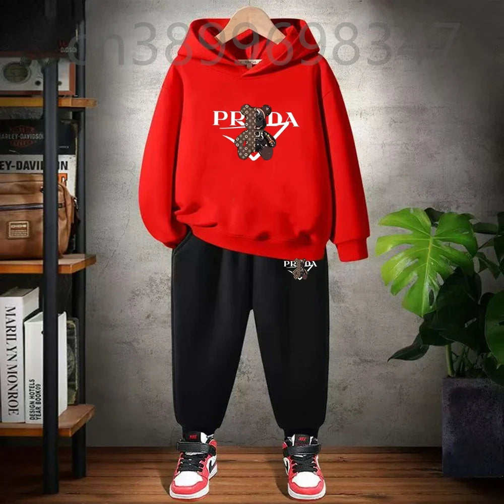 Children 3-12 Years Hoodie Long-sleeved Boys Girls Toddler Sports Coat Top+Pants Casual Sweatshirt Set Kids Little Bear Letters