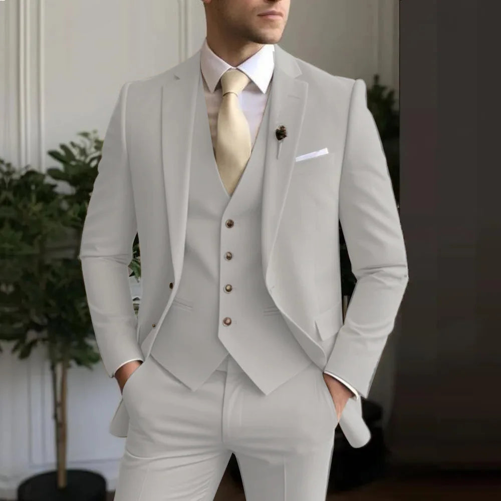 Men's White/Black Terno Suit with Notch Lapel 3-Piece Wedding/Business Man Clothing(Jacket Pants Vest)for Home Party Occasions