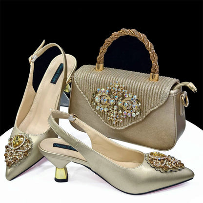 2024 Nigerian Women's Pink High Heel Frosted Crystal Shiny Rhinestone Party Italian Design Pointed Shoes And Bag Set