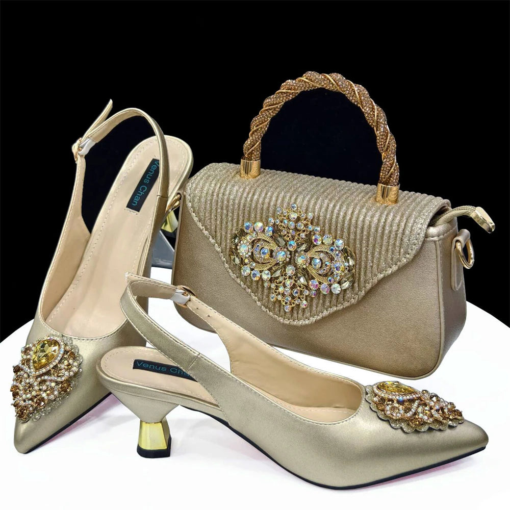2024 Latest Wedding Pointed Toe Women's Shoes High Heel White Color Rhinestones Party Ladies Shoes And Bag Set