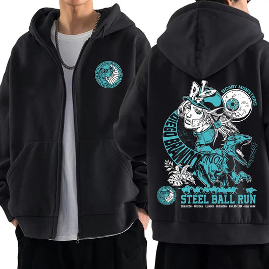 Anime Jojo Bizarre Adventure Zipper Hoodies STEEL BALL RUN Diego Brando Manga Zip Up Sweatshirts Men's Fashion Casual Pullovers