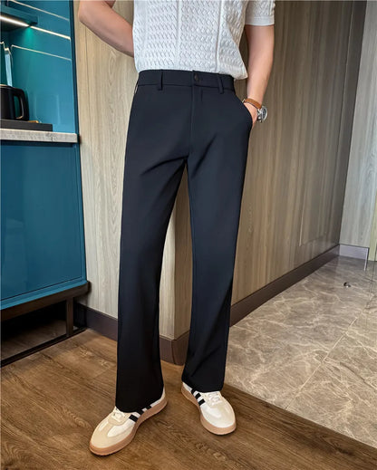 Men's Pleated Trousers, Elastic Waist, Wide-Leg, Casual Suit Pants, 2026 Spring, White/Black, S-4XL