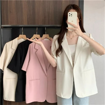2026 Female Short Sleeved Suit Coat Women Summer Loose Fitting Solid Color Blazer Jacket Ladies Korean Leisure Tops Outerwear