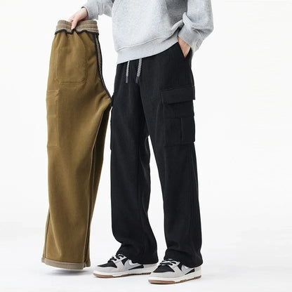 2026 New in Winter Corduroy Pants Men Straight Wide Leg Cargo Trouser Male Elastic Waist Loose Fit Thick Brown Warm Fleece Plush