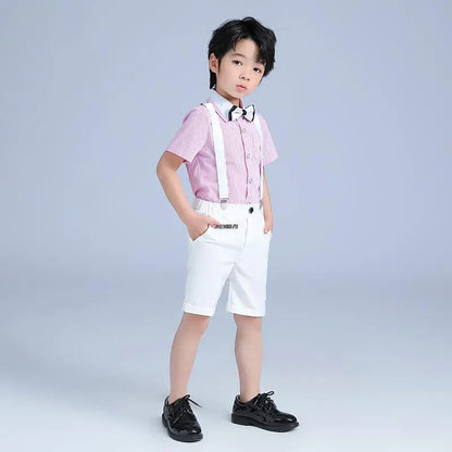 Boys 007 Photograph Suit School Kids Shirt Strap Pants Bowtie 4PCS Clothing Set Children Piano Performance Dance Dress Costume