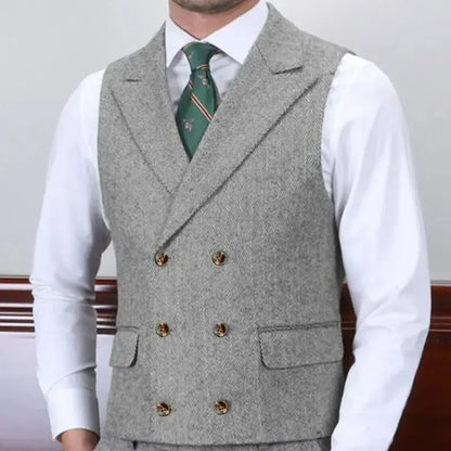 Men Vest Gray Herringbone With Lapel Double Button Waistcoat For Wedding Business Banquet Work Daily Casual Men Suit Vest