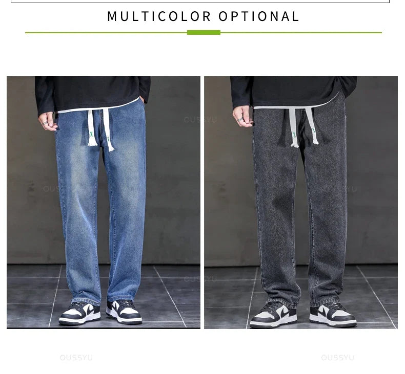 2025 New Autumn Winter Jeans Men Loose Straight Drawstring Elastic Waist Casual Denim Trousers Male Thick Pants Large Size M-5XL