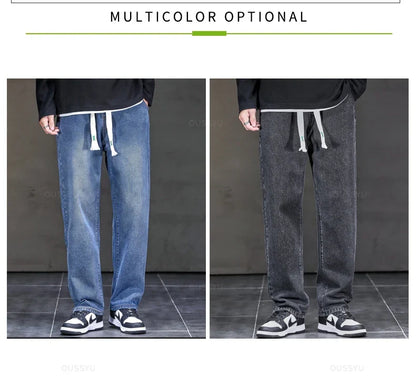 2025 New Autumn Winter Jeans Men Loose Straight Drawstring Elastic Waist Casual Denim Trousers Male Thick Pants Large Size M-5XL