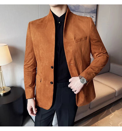 New Blazer Cowhide Velvet Korean Version Business Slim Fit Suit Stand Collar Fashionable Casual Suit Jacket Men Formal Clothing