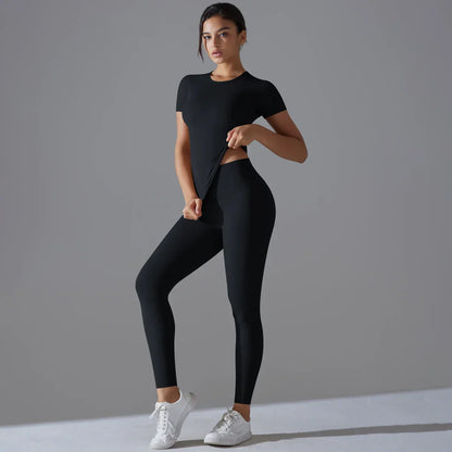 Quick-Drying Gym Leggings Set Yoga Suit Sports Set Sleeve Breathable Stretchy GYM Yoga Slim Fitness Active Top Tight Yoga Pant