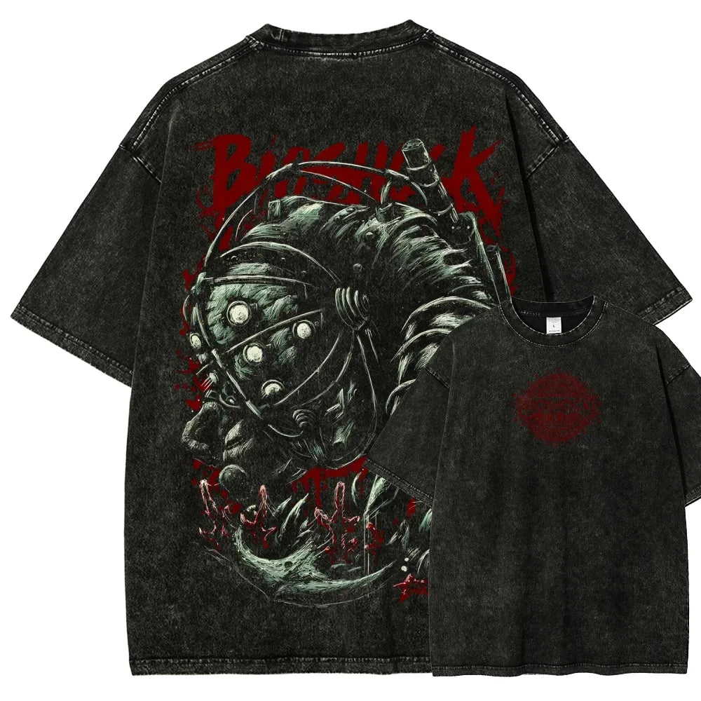 Classic Retro Shooting Game Bioshock Peripherals Graphic Print T-shirt Men Women New Harajuku Wind Tee Vintage Washed Cotton Top