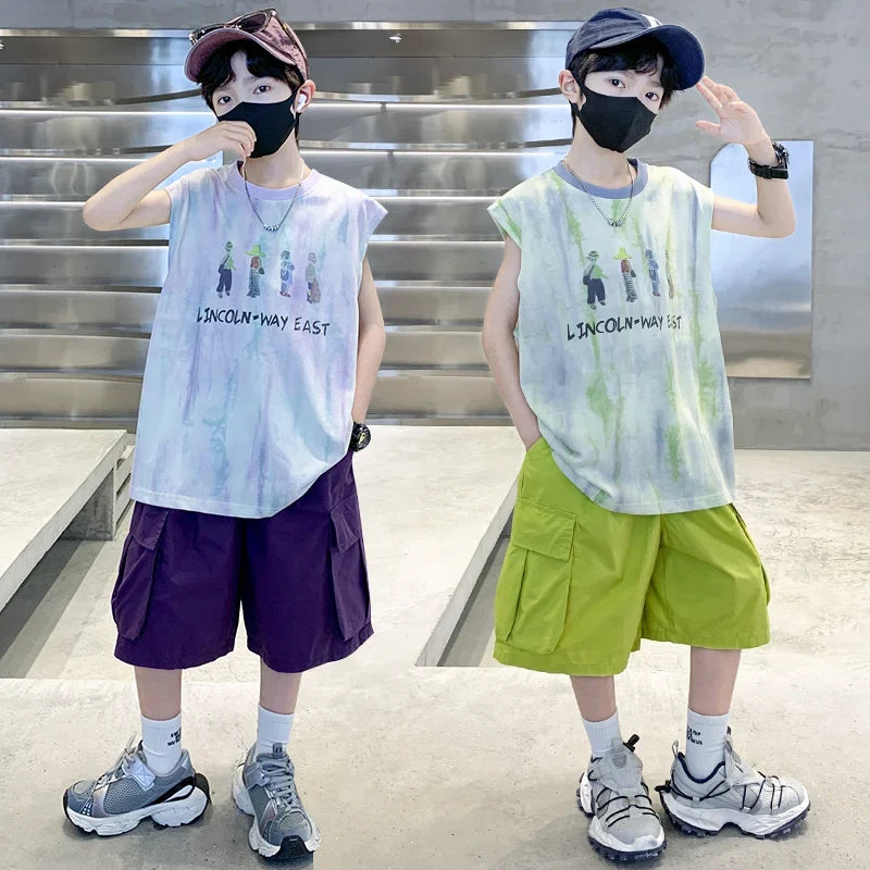 New Summer Kids Clothing Set Sleeveless T-shirt Suit with Shorts for Boy Luxurious Cotton Tracksuit 5 6 7 8 9 10 11 12 13 14 T