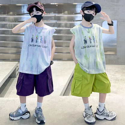 New Summer Kids Clothing Set Sleeveless T-shirt Suit with Shorts for Boy Luxurious Cotton Tracksuit 5 6 7 8 9 10 11 12 13 14 T