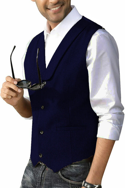 Men's Casual Suit Vest Shawl Lapel Wool Tweed Herringbone Dress Waistcoat for Wedding Party Dinner Herringbone Vests