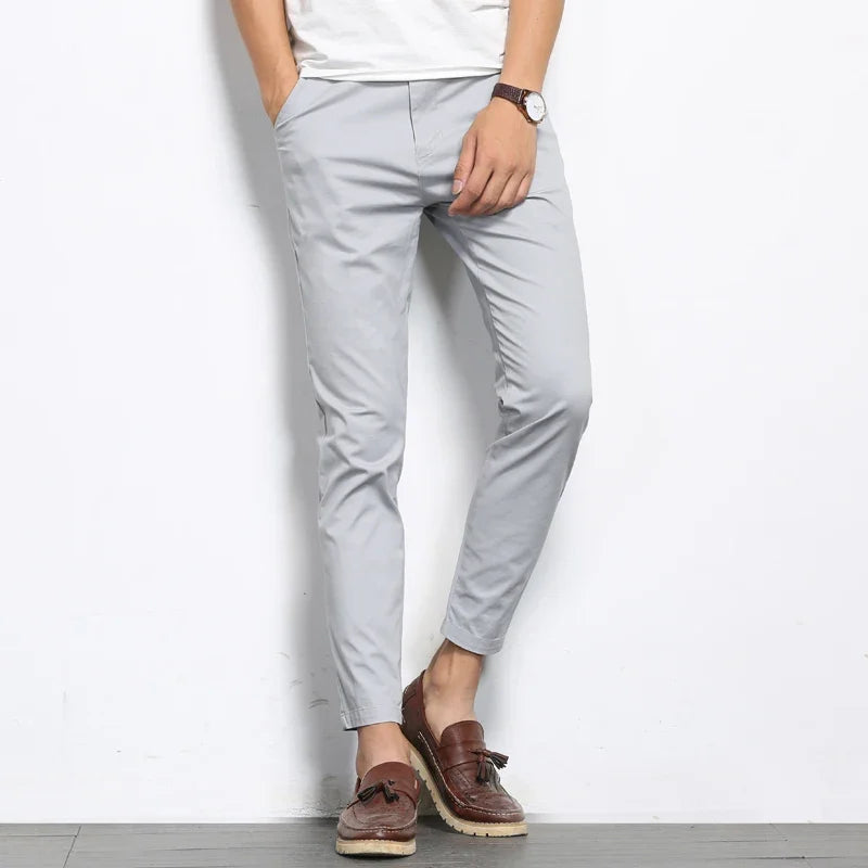 Summer Men Fashions Solid Color Casual Pants Men Straight Slight Elastic Ankle-Length High Quality Formal Trousers Men