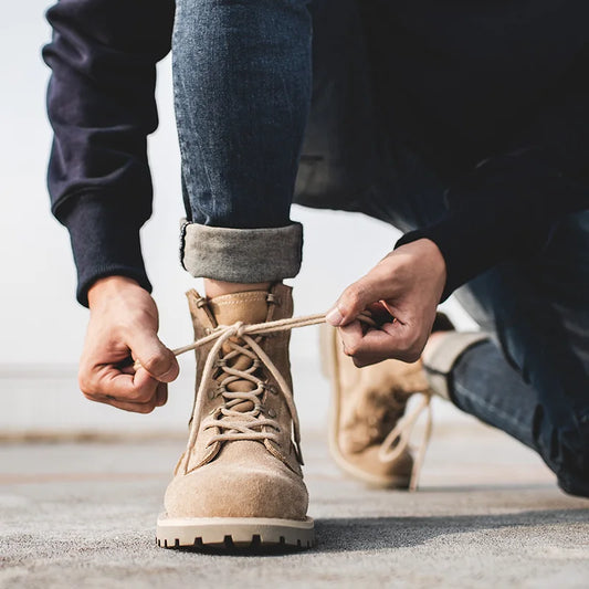 Vintage Khaki Suede Desert High Top Boots Men's Lace-Up Round Toe Work Ankle Boots for Autumn Winter Outdoor Hiking Shoes