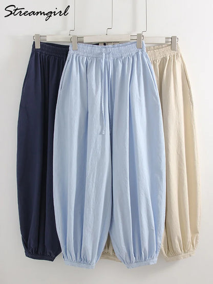 Summer Cotton Oversized Pants For Women Blue Baggy Aladdin Trousers Elastic Bloomers Navy Blue Cropped Lantern Harem Pants Woman
