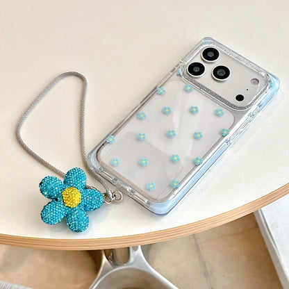 Vibrant All-over Little Flower Clear With Rhinestone Pendant Lanyard Rectangle Phone Cover Case for iPhone 17 16 15 Pro Max
