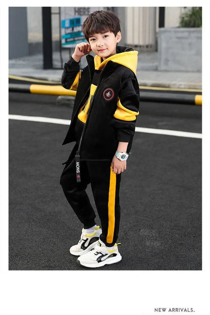 Winter Boys Warm Fleece Lined Zip Waistcoat+Sweatshirt+Sweatpant Sets School Kids 3PCS Tracksuit Children Workout Outfit 5-14Yrs