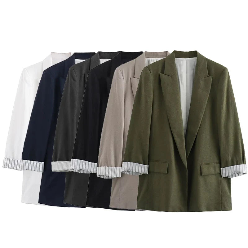 Women Fashion With Pockets Solid Blazer Vintage Notched Neck Long Sleeves Female Chic Lady Outfits