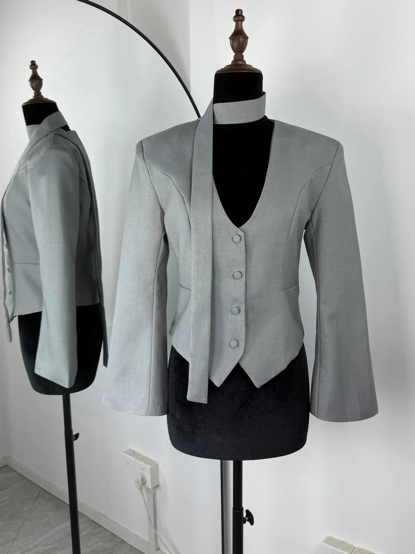 Single Breasted Coat Women's V Neck Scarf With Long Sleeve Waist-Cinching Blazer Jacket Lady Casual Slim Commute Coat