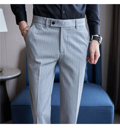 New Korean Style Fashion Striped Embroidery Suit Pants Men's Business Slim Casual Straight Pants Formal Wedding Party Trousers