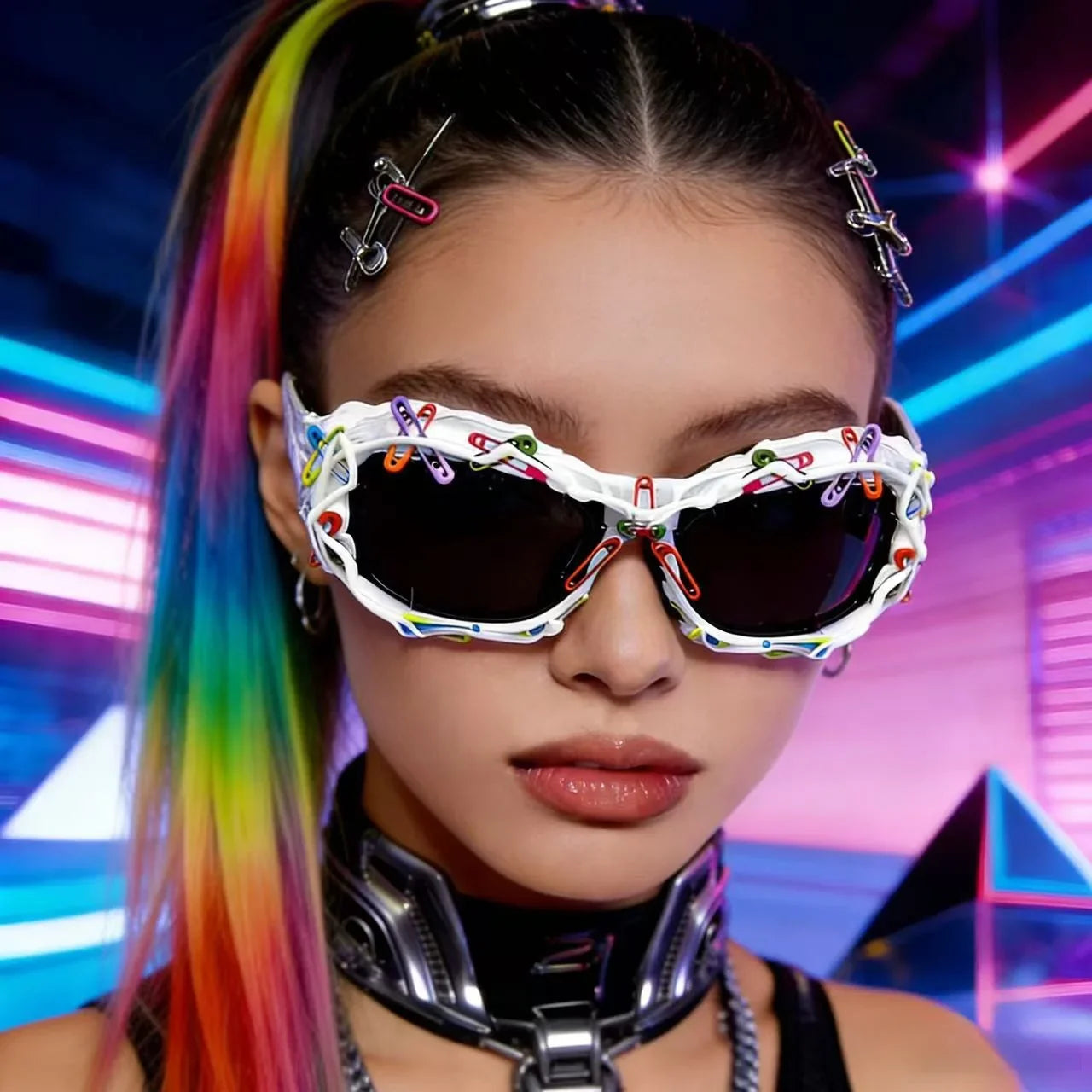 y2k Colorful Safety Pin Sunglasses for Women Punk Cyber Streetwear Party Avant-garde Funny Shades UV400 lunette soleil femme