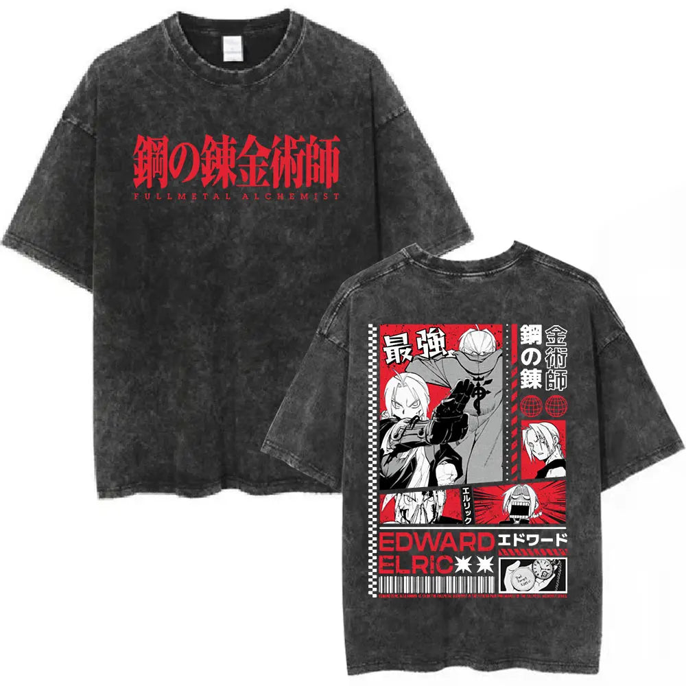 Anime Fullmetal Alchemist Washed T Shirts Edward Elric Alphonse Elric T-Shirt Men's Women Fashion Casual Oversized T-shirts Tops