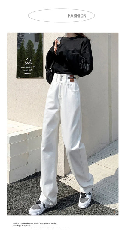 Y2K Woman Jeans High Waist Wide Leg Cotton Denim Clothing Blue White Streetwear Vintage Fashion Harajuku Straight Pants