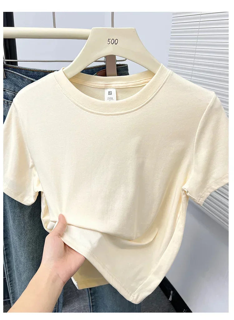 2026 Summer New High Quality Casual Plus Size T Shirt Sexy Short Sleeved Sleeves Fashion Trend Solid Women Clothing Y2k Tops