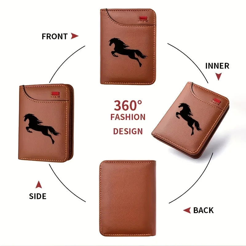 Men'S Retro Imitation Faux Leather Card Holder - Elegant Black Horse Design - Slim And Soft with Various Card Slots, Wallet