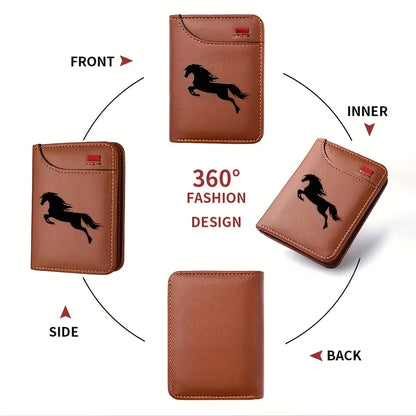 Men'S Retro Imitation Faux Leather Card Holder - Elegant Black Horse Design - Slim And Soft with Various Card Slots, Wallet
