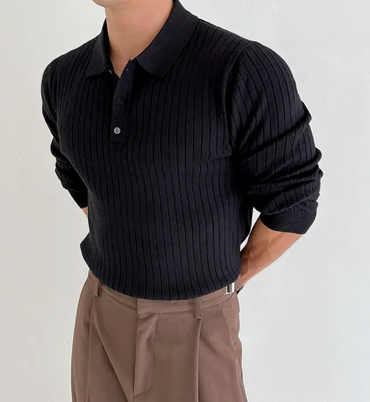Striped Polo Shirt for Business and Casual Occasionsmen Breathable  Stretchy Slim  Knitted Pullover, Long-sleeve Sweater