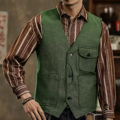 Men Vest Coffee Herringbone Single Button Pocket Waistcoat For Wedding Business Casual Formal Daily Office Work Men Suit Vest