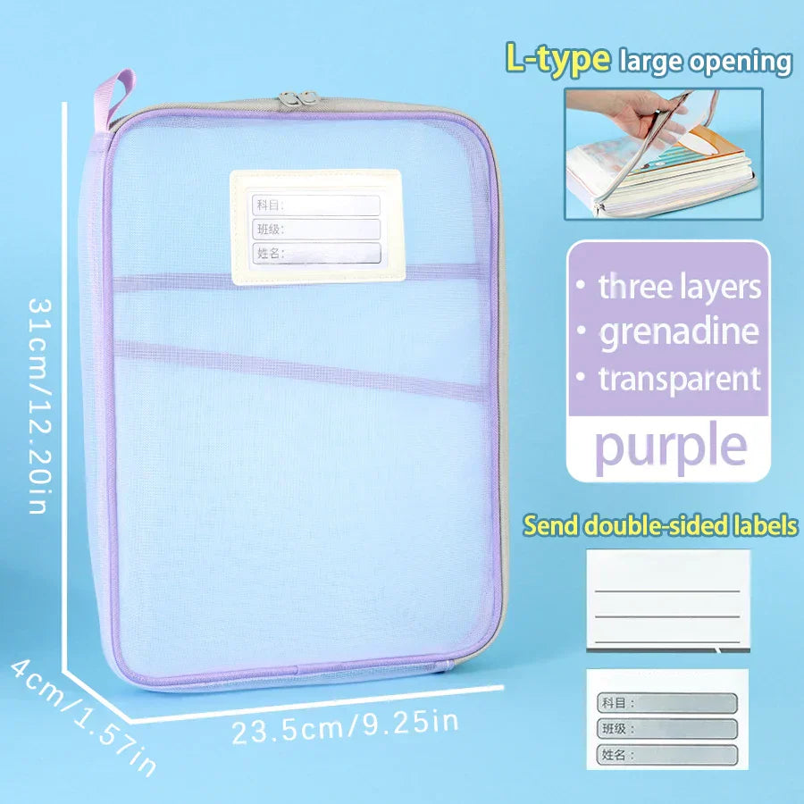 1 Pcs A4 Transparent File Subject Classification Thickened 5 Colors Mesh Simple Hand Storage Bag