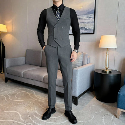 ( Vest + Pants) Men Double Breasted Striped Suit Vest 2 pieces Fashion Business Slim Fit Wedding Dress Sleeveless Vest Sets
