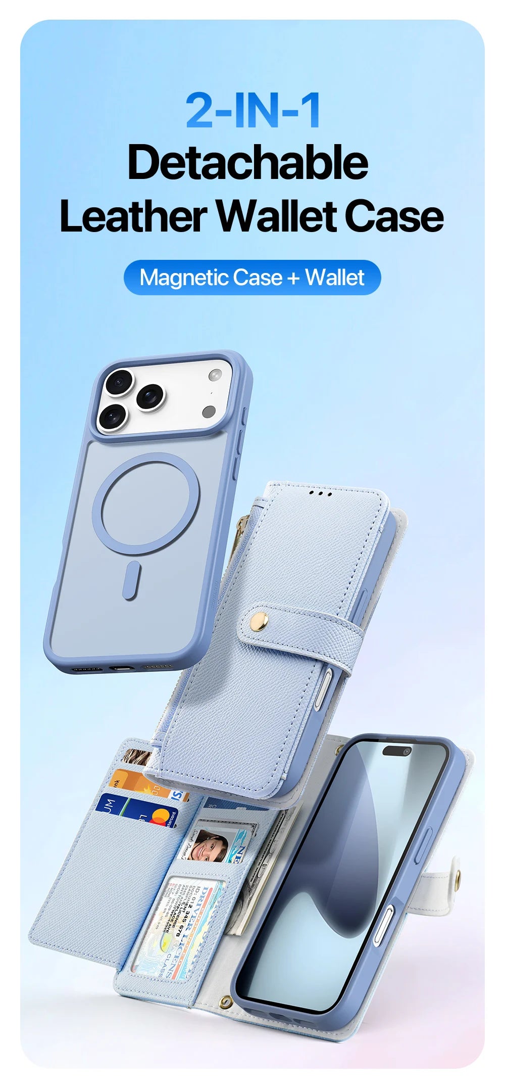 2in1 Magnetic Detachable Wallet Folio Case for iPhone 17 Pro Max/17 Air/16plus 15Leather Cover with Card Slots & Clasp
