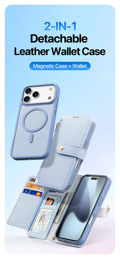 2in1 Magnetic Detachable Wallet Folio Case for iPhone 17 Pro Max/17 Air/16plus 15Leather Cover with Card Slots & Clasp